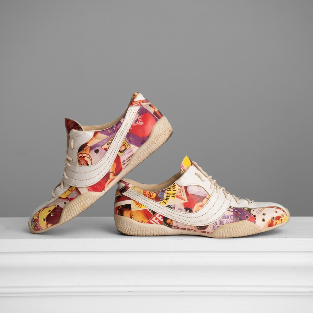 Ferrucci‎ Shoes VTG Pop Art Magazine Print Sz 8 Eclectic Maximalist Sneakers Y2K
